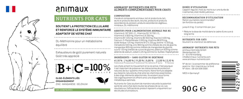 animaux®  nutrients for cats | All-Natural Cat Vitamins to Support the Immune System and Cell Protection | Zinc, Manganese, Selenium | Skin and Coat | 120 Chewable Tablets - PawsPlanet Australia