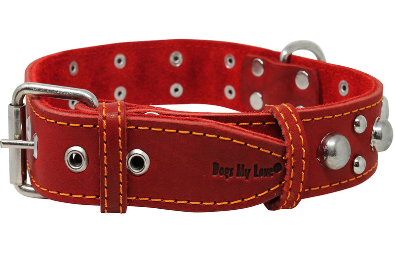[Australia] - Red Real 1.5" Wide Thick Leather Studded Dog Collar. Fits 17"-21.5" Neck, Large Breeds. 