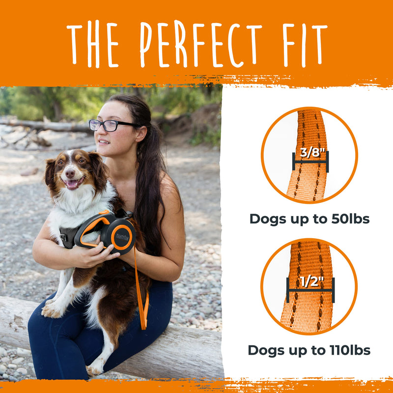 Mighty Paw Retractable Dog Leash 2.0 | 16’ Heavy Duty Reflective Nylon Tape Lead for Pets Up to 50 lbs. Tangle Free Design W/ One Touch Quick-Lock Braking System & Anti-Slip Handle. (Orange/Lite) Lite Orange - PawsPlanet Australia