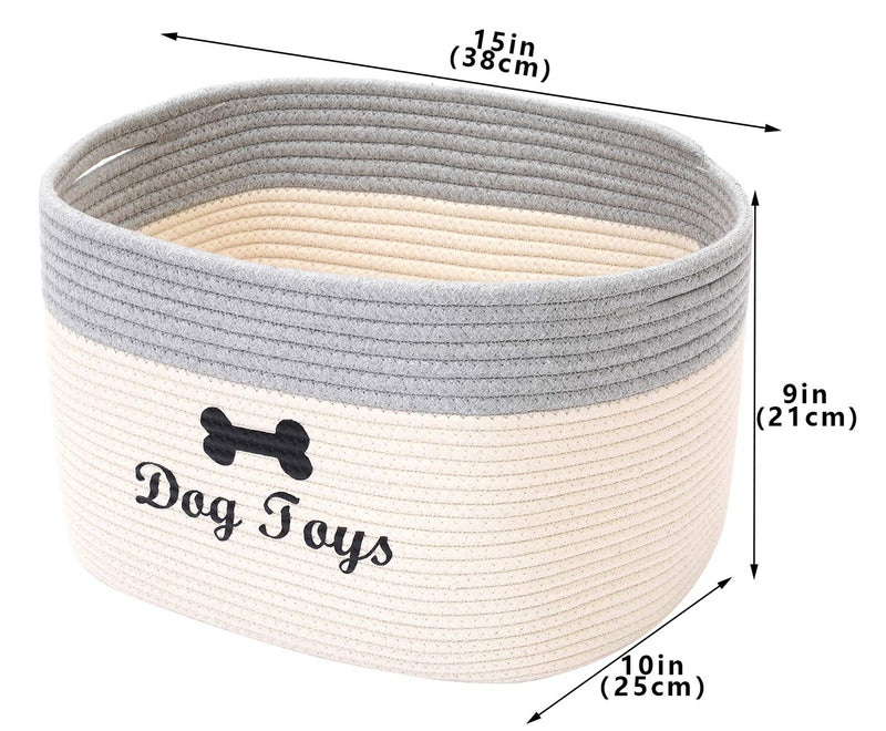 Brabtod Cotton rope dog toy basket with handle, puppy bins, pet bed, pet toy box- Perfect for organizing pet toys, blankets, leashes, coat and pee mat - WhiteGrey White Grey - PawsPlanet Australia