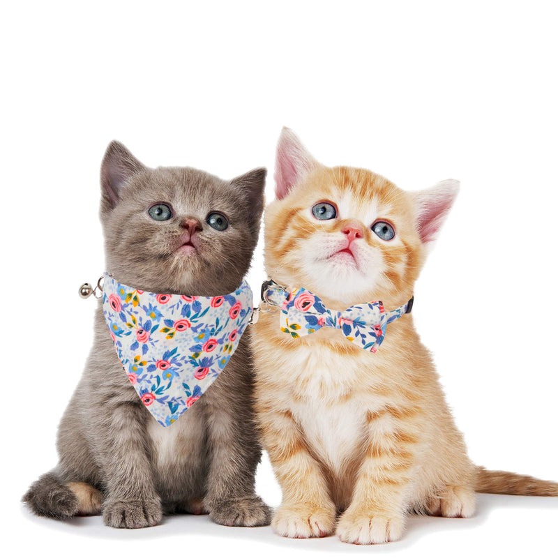 ADOGGYGO Breakaway Cat Collar with Bow Tie Bandana, Kitten Collar with Removable Bowtie Bandana Cute Flower Pattern Cat Bowtie Bandana Collar for Cat Puppy Blue - PawsPlanet Australia