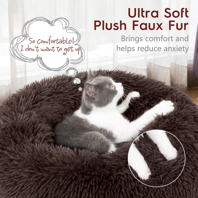 rabbitgoo Cat Bed for Indoor Cats, 20 x 20 inches Fluffy Round Self Warming Calming Soft Plush Donut Cuddler Cushion Pet Bed for Small Dogs Kittens, Machine Washable, Non-Slip, Dark Brown, Medium - PawsPlanet Australia