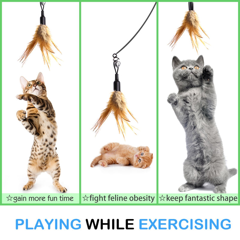 Pawaboo Feather Teaser Cat Toy, Interactive Feather Wand Cat Toy Flying Feather Cat Catcher with Extra Long 31.5" Wand and Small Bell, Fun Exerciser Playing Toy for kitten or cat, Brown Feather - PawsPlanet Australia