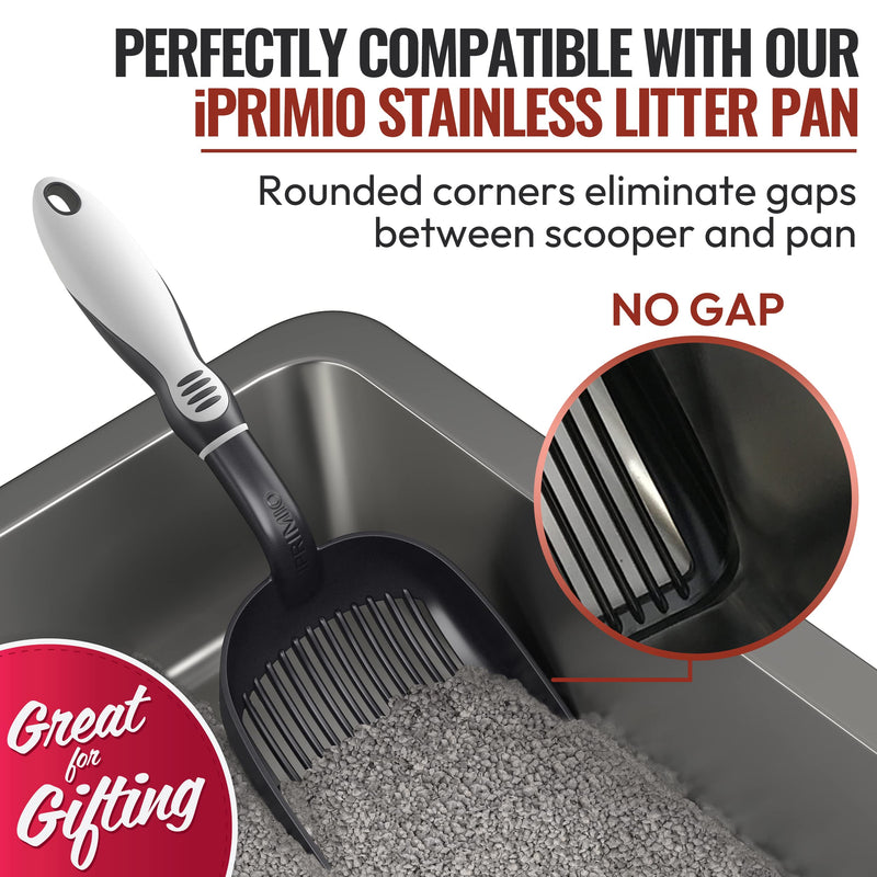 IPRIMIO Cat Litter Scooper with Deep Shovel - Non Stick Plated Aluminum Scoop - Designed by Cat Owners - Patented Sifter with Holder - Super Solid Handle - Black - PawsPlanet Australia