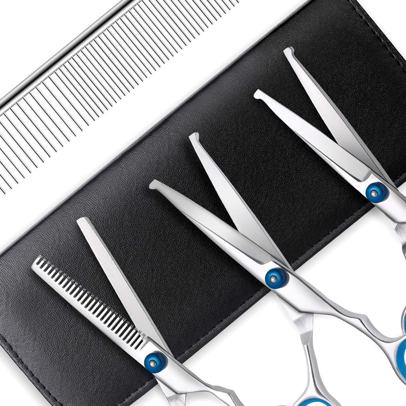 Bubuxy Pet Grooming Scissors Set with Safety Round Tip, Dog Cat Grooming Scissors Kit Include Thinning Scissors Curved Scissors Straight Scissors and Grooming Comb for Dog Cat - PawsPlanet Australia