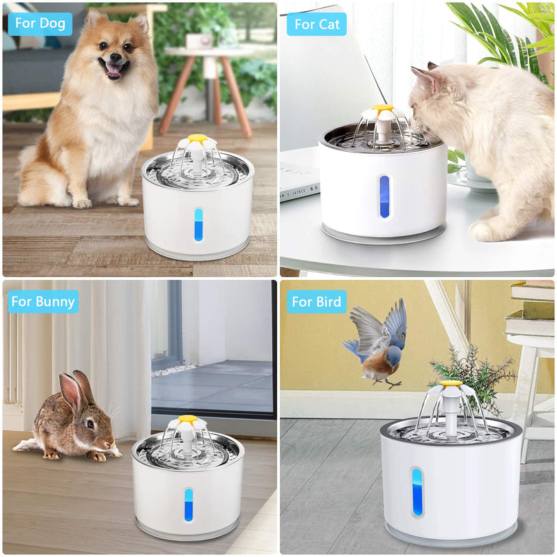 Plartree Cat Water Fountain, 2.4L Cat Water Fountain Stainless Steel, Silent Automatic Water Dispenser with Night Light and 3 Carbon Filter and LED Water Level Window,Waterfall Flower Style Fountain - PawsPlanet Australia