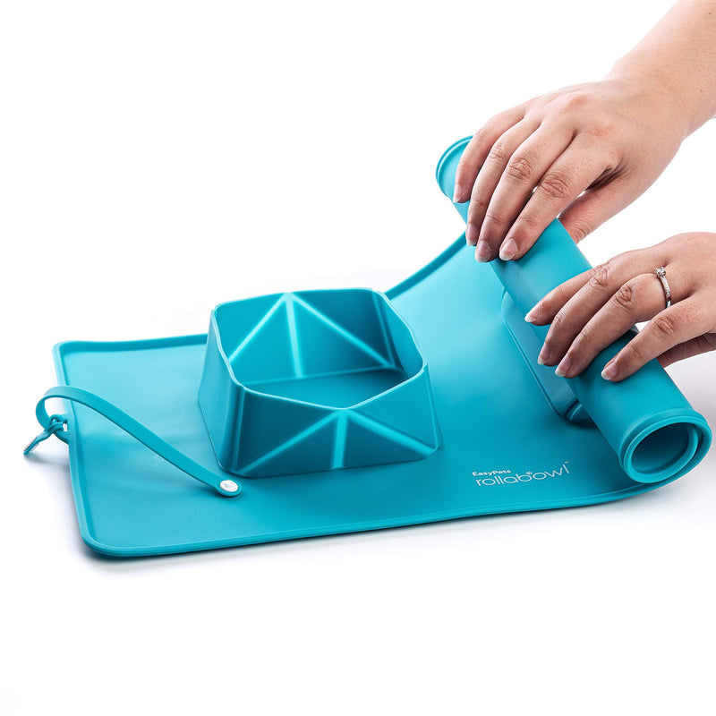 RollaBowl Travel Dog Bowl with Carry Case. Portable Double 'Roll-Up' Pet Bowl and Mat, For Cat or Dog. Perfect for Home, Travel, Walks and Camping (Turquoise) Turquoise - PawsPlanet Australia