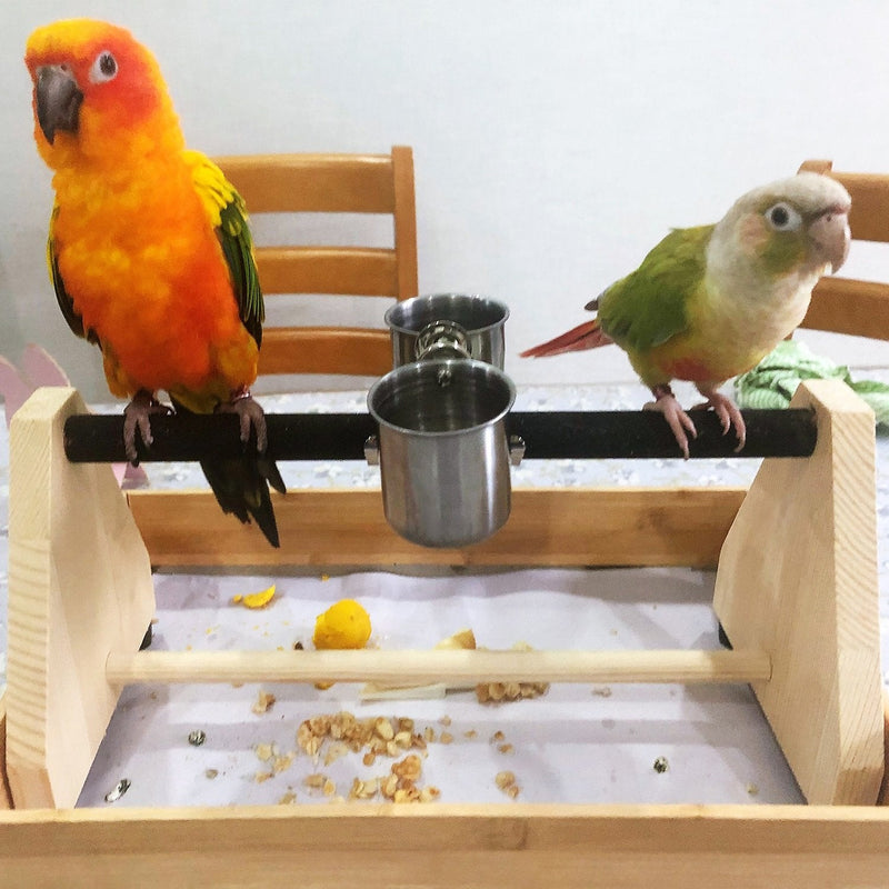 QBLEEV Parrot Play Wood Stand Bird Grinding Perch Table Platform Birdcage Feeder Stands with Feeder Dish Cup Portable Table Playstand for Small Cockatiels, Conures, Parakeets, Finch - PawsPlanet Australia