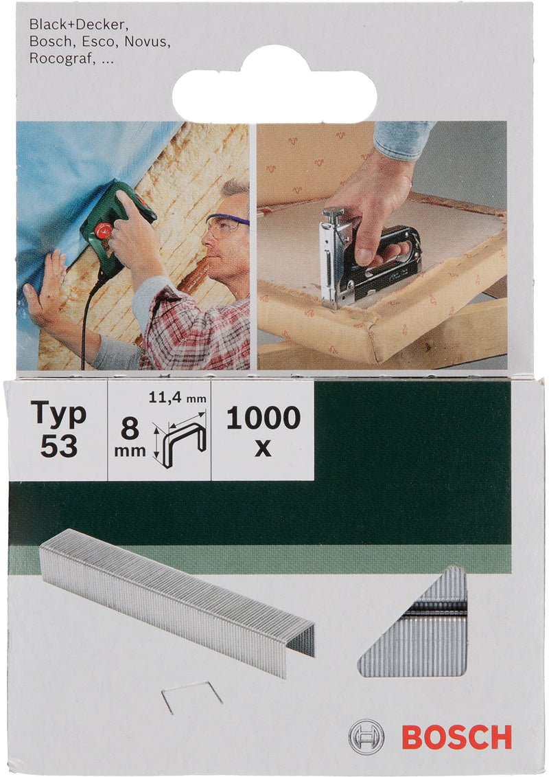 Bosch 1000x stapler type 53 (for textiles, fabrics, carpets, cardboard, flat wooden strips, hardboard, 8 mm, stapler accessories) Single - PawsPlanet Australia