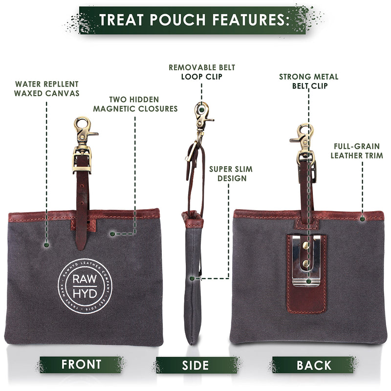 RAW HYD Dog Treat Pouch (Leather & Waxed Canvas) w/Magnetic Closure – Water Resistant Dog Training Treat Pouch w/Belt Clip & Belt Loop Buckle – Dog Treat Bag Great for Training Hunting Dogs - PawsPlanet Australia