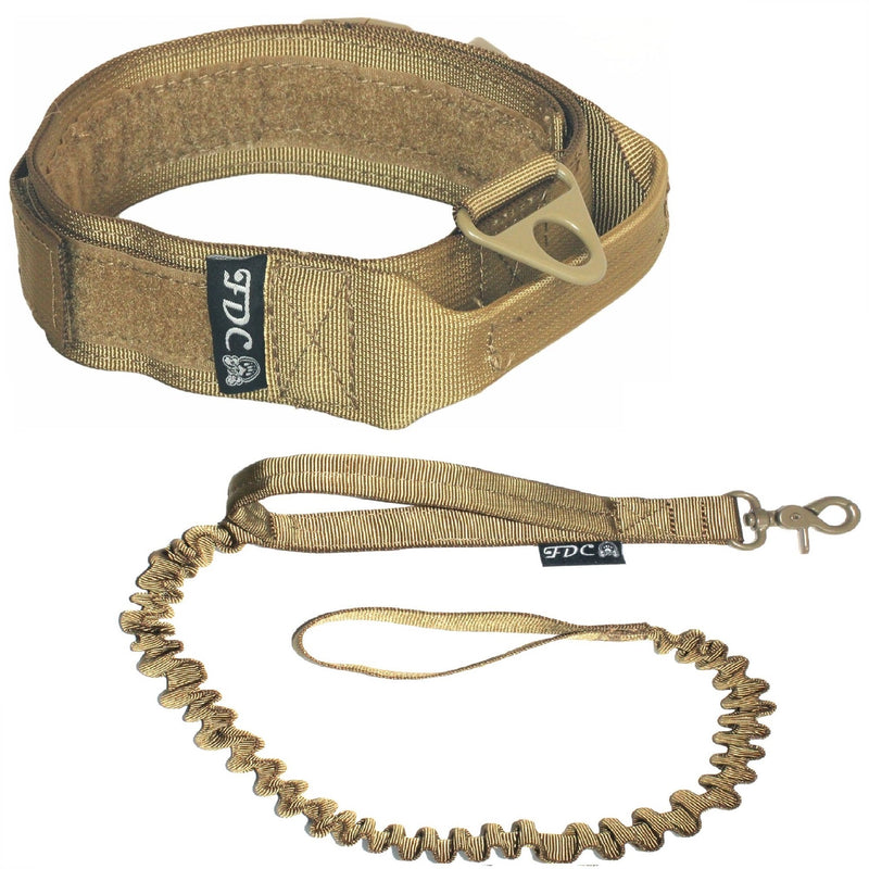 [Australia] - FDC Dog Tactical Collar with Leash Bungee Handle Heavy Duty Training Military Army Molle Width 1.5in Plastic Buckle Hook & Loop L: Neck 12" - 14" Coyote Desert Tan 