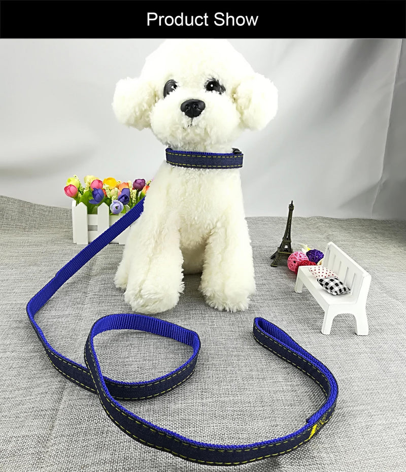 Newtensina Fashion Dogs Collar and Leash Set Denim Cloth Puppy Collar with Leashes for Dogs - Blue - S - PawsPlanet Australia