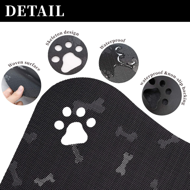 Pet Food Mat for Dogs and Cats Bone Shaped Paw Stripe Design Food Bowl Mat Flexible Waterproof Easy to Clean with Non Slip Backing Black 24"x16" BLACK-BONE - PawsPlanet Australia