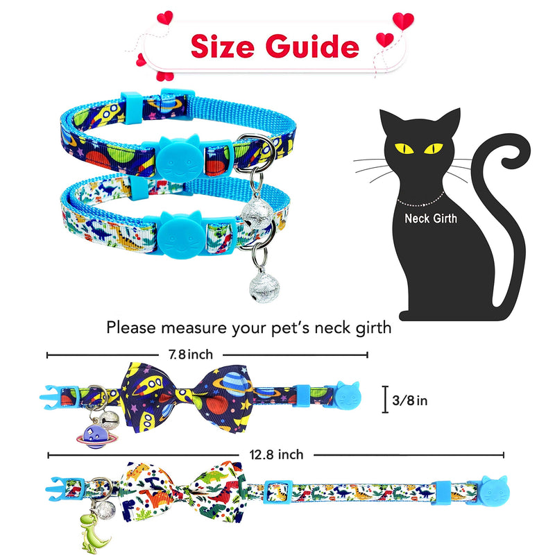 Pohshido 2 Pack Cat Collar with Bow Tie and Bell, Kitty Kitten Space and Dinasour Breakaway Collar for Males Females Boys and Girls Cats Spaceship / Dinosaur - PawsPlanet Australia