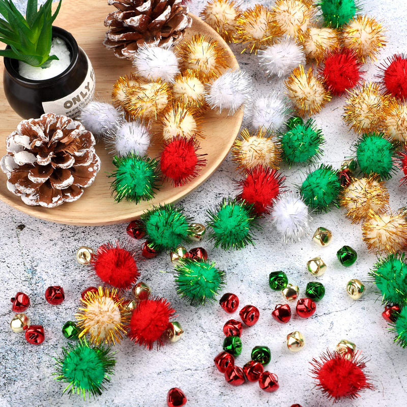 ANECO 240 Pieces Glitter Christmas Pom Poms and Christmas Jingle Bells Sparkle Pom Poms Balls Bells for Christmas Arts Crafts Supplies - PawsPlanet Australia