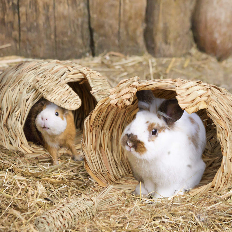 Relaxdays rabbit house, 3-piece set, grass houses, rabbit toys, small animal accessories for rodents, 2 sizes, natural - PawsPlanet Australia