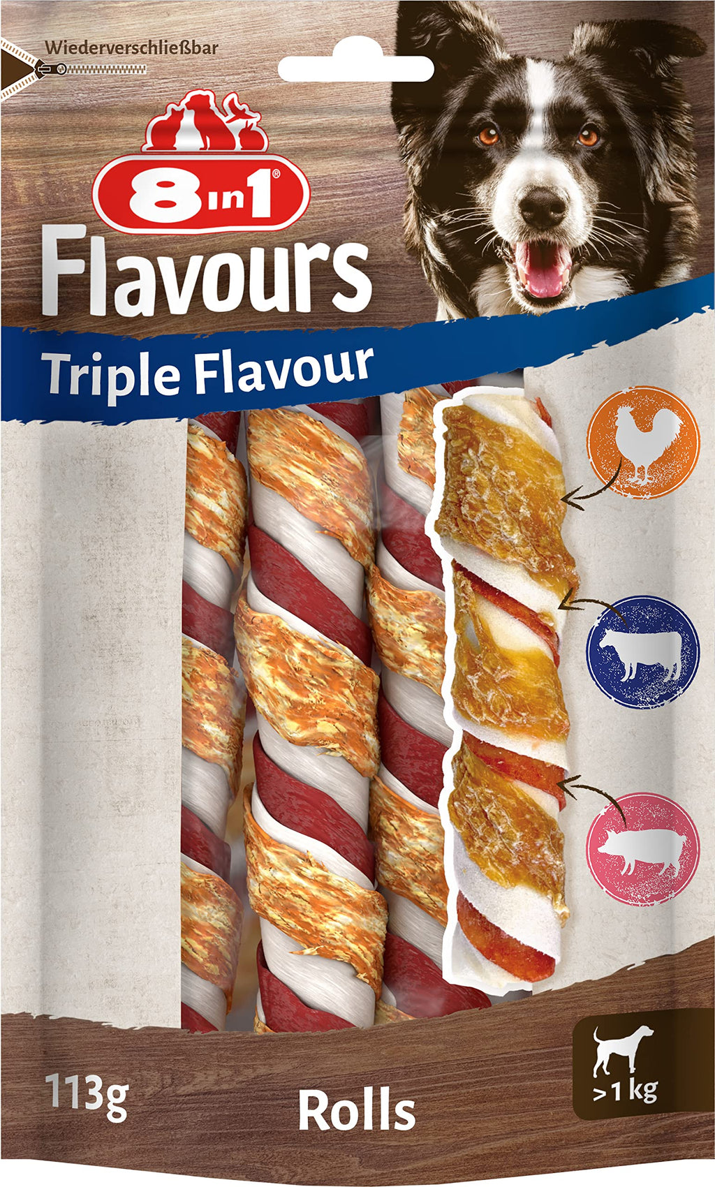 8in1 Triple Flavor Rolls chewing sticks for dogs - chewing snacks with extra meat, 113g bag (3 pieces) - PawsPlanet Australia