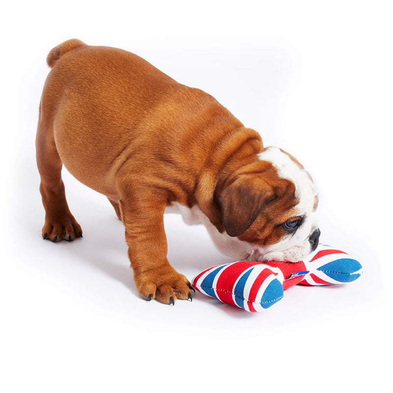 PetLondon British London Union Jack Bone 8', Canvas Plush Dog And Puppy Toy, Canvas Bone With Squeaker, Cute Fun Royal Queen Union Jack Dog Interactive Toy - PawsPlanet Australia