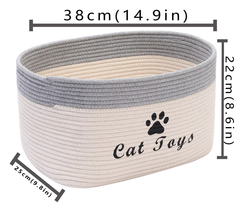 Brabtod Cotton rope dog toy basket with handle, puppy bins, pet bed, pet toy box- Perfect for organizing pet toys, blankets, leashes, coat and pee mat -GreyWhite-cat Grey White-cat - PawsPlanet Australia