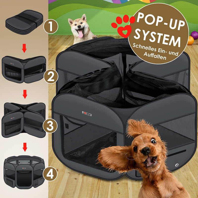 Lovpet® Puppy Playpen Animal Playpen Foldable for Small Animals Dogs, Cats Including Dog Bowl and Fleece Blanket Dog Playpen Outdoor Enclosure Oxford Fabric Pop-up System Indoor & Outdoor, Anthracite/Black Anthracite/Black - PawsPlanet Australia