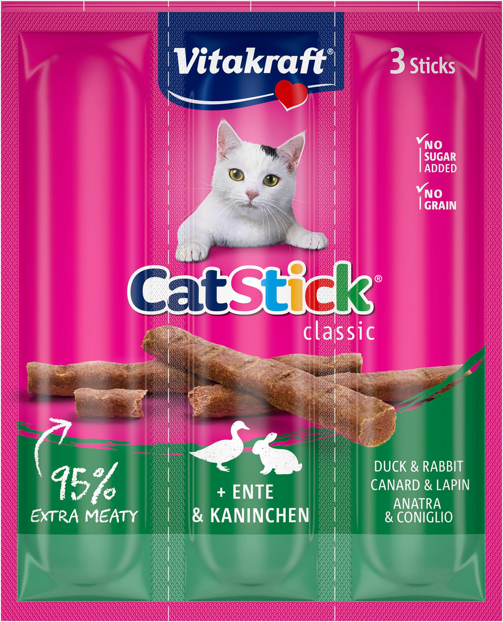 Vitakraft Cat Stick Classic, with duck and rabbit, cat snack, meaty mini sticks, individually wrapped, no added sugar (3x 6g) 3 pieces (pack of 1) - PawsPlanet Australia