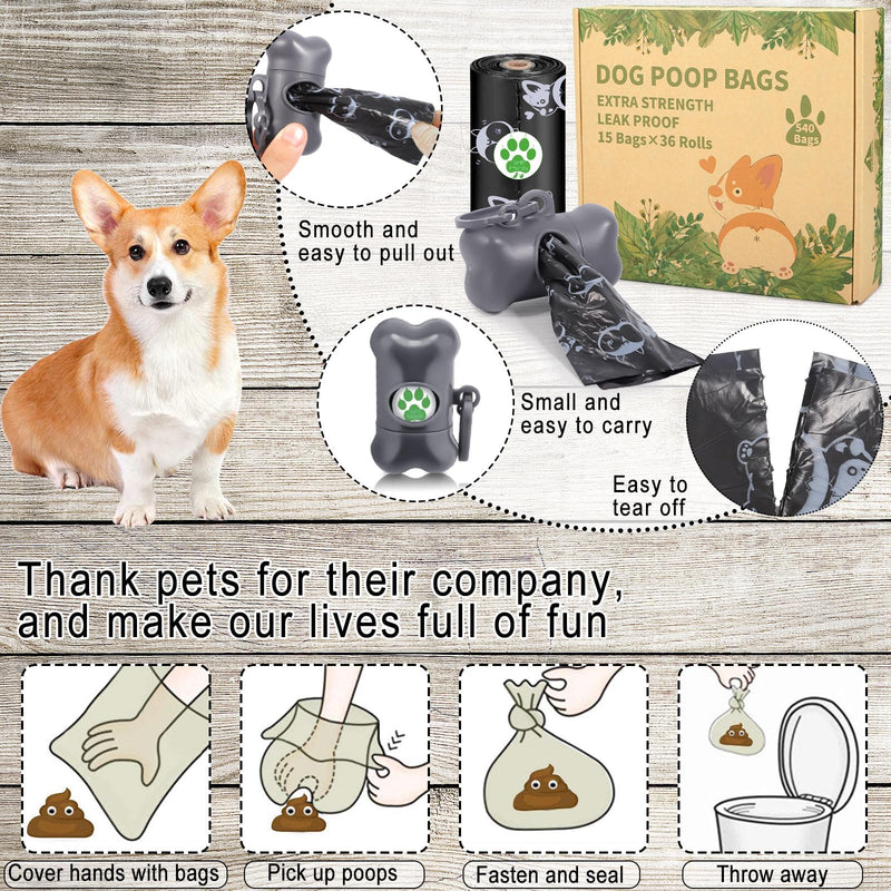POWZOO dog waste bags 36 rolls (540 bags) with dispenser, waste bags, suitable for leaving the house, portable - black dog waste bags, with a light lemon scent. - PawsPlanet Australia