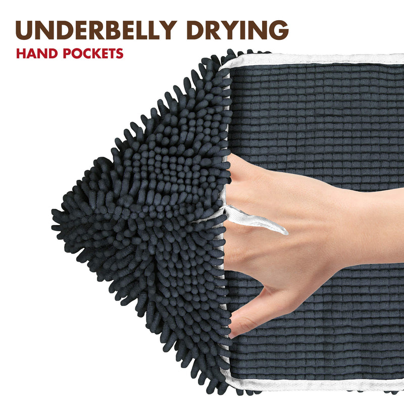 [Australia] - My Doggy Place - Ultra Absorbent Microfiber Chenille Dog Bath Dry Towel with Hand Pockets, Durable, Quick Drying, Washable, Prevent Mud Dirt Charcoal 