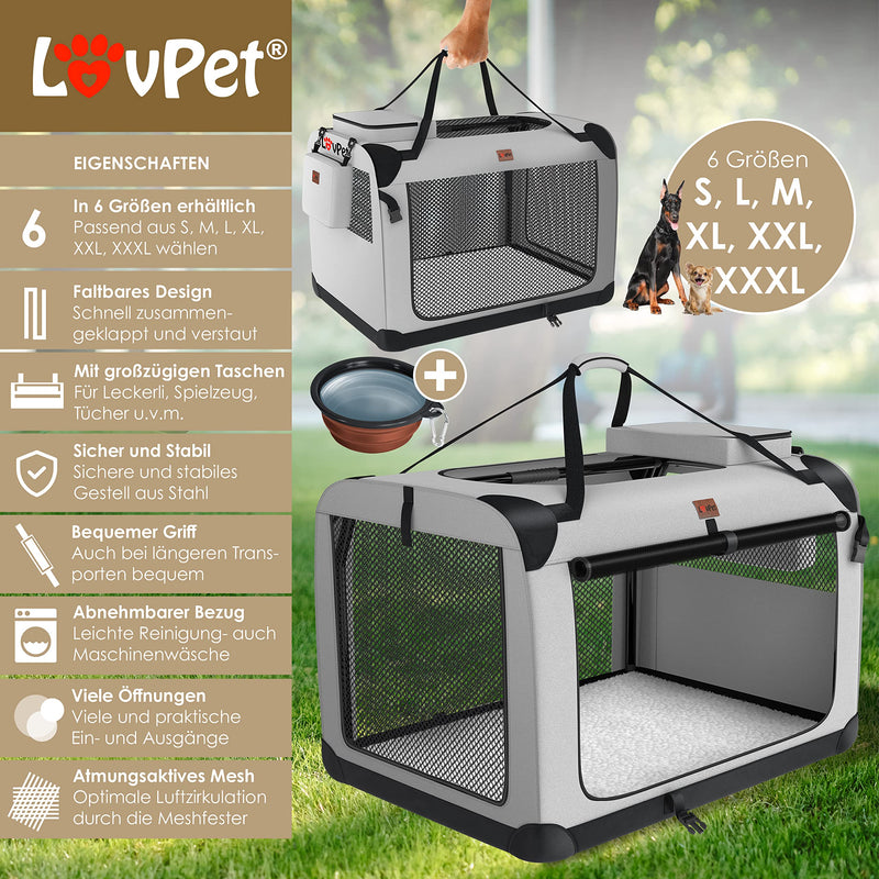 Lovpet® dog box foldable dog transport box including dog bowl XL 81.3x58.4x58.4cm transport bag dog bag transport box for pets, dogs and cats pet transport box light gray - PawsPlanet Australia