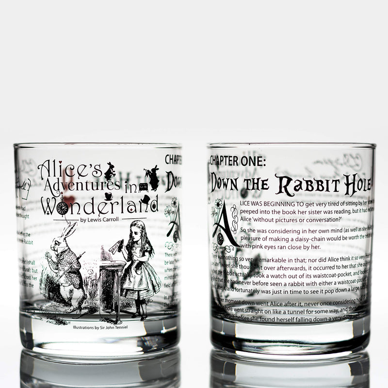 Greenline Goods Whiskey Glasses - Alice in Wonderland (Set of 2) | Literature Rocks Glass with Lewis Carroll Book Images & Writing - PawsPlanet Australia