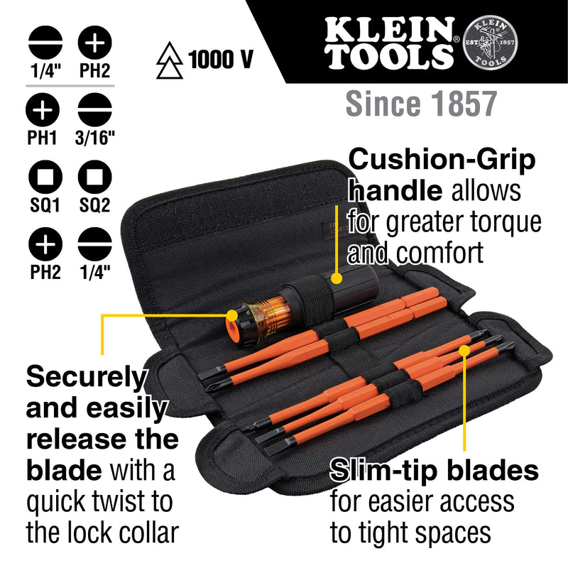 Klein Tools 32288 Insulated Screwdriver, 8-in-1 Screwdriver Set with Interchangeable Blades, 3 Phillips, 3 Slotted and 2 Square Tips - PawsPlanet Australia