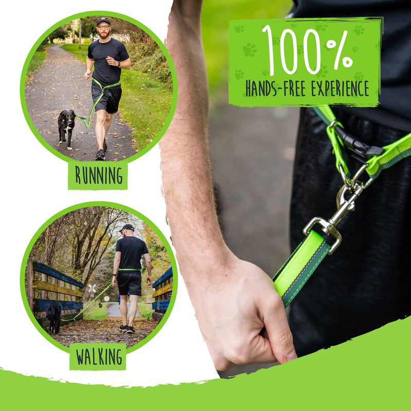 Mighty Paw Hands Free Bungee Leash 2.0 | 4’ Dog Lead W/ Dual Padded Traffic Handles for Running, Hiking & Jogging. Wearable Belt (27-48” Waistband) W/ 2 Attachment Loops. Pets Up to 150lb Green - PawsPlanet Australia