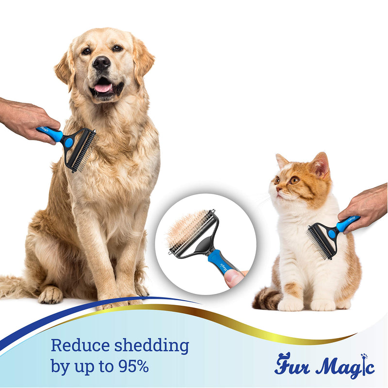 Fur Magic Deshedding and Dematting Tool, 2 Sided Pet Grooming Brush for Deshedding, Mats and Tangles Removing for Dogs and Cats with Long, Medium and Short Hair, Blue L - PawsPlanet Australia