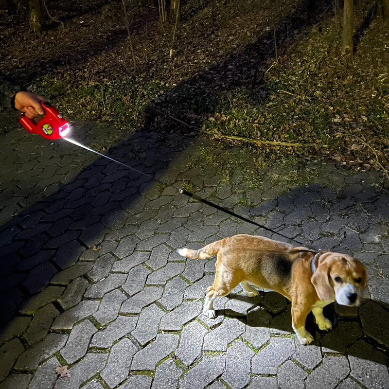 Retractable automatic dog leash 5m, retractable, with poop bag compartment and integrated flashlight, max. 35kg - PawsPlanet Australia