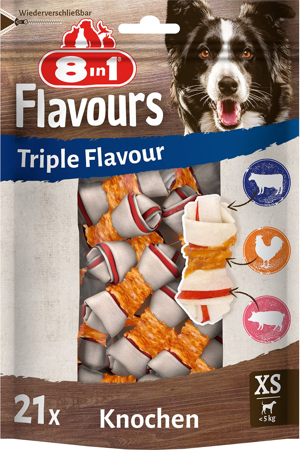 8in1 Triple Flavor Bones XS - delicious dog bones with chicken fillet, pork and beef skin, 21 pieces XS (21 pieces) - PawsPlanet Australia