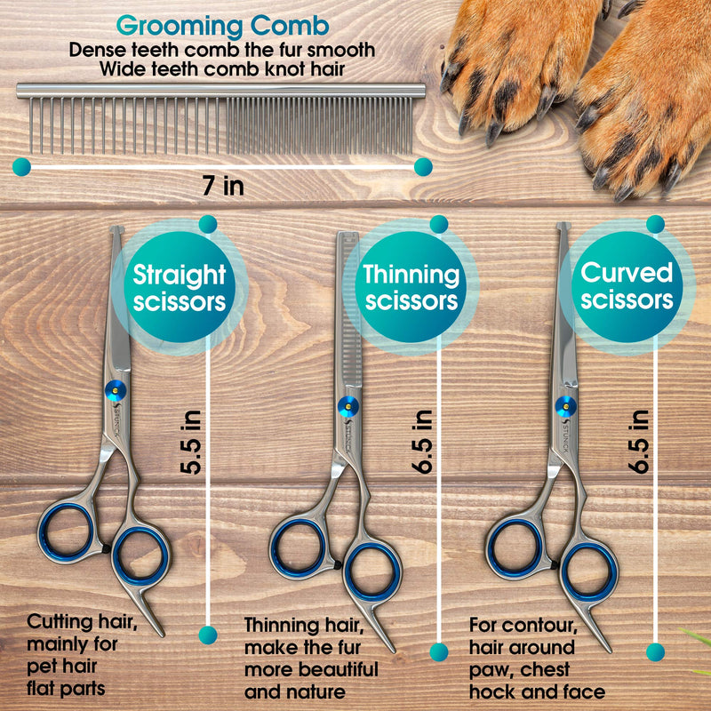 [Australia] - STÙNICK Professional Cat & Dog Grooming Scissor Set - Stainless Steel Straight and Curved Pet Scissors with Safety Round Tip - Heavy Duty Titanium Coated Thinning Shear and Pet Comb for Dogs and Cats 