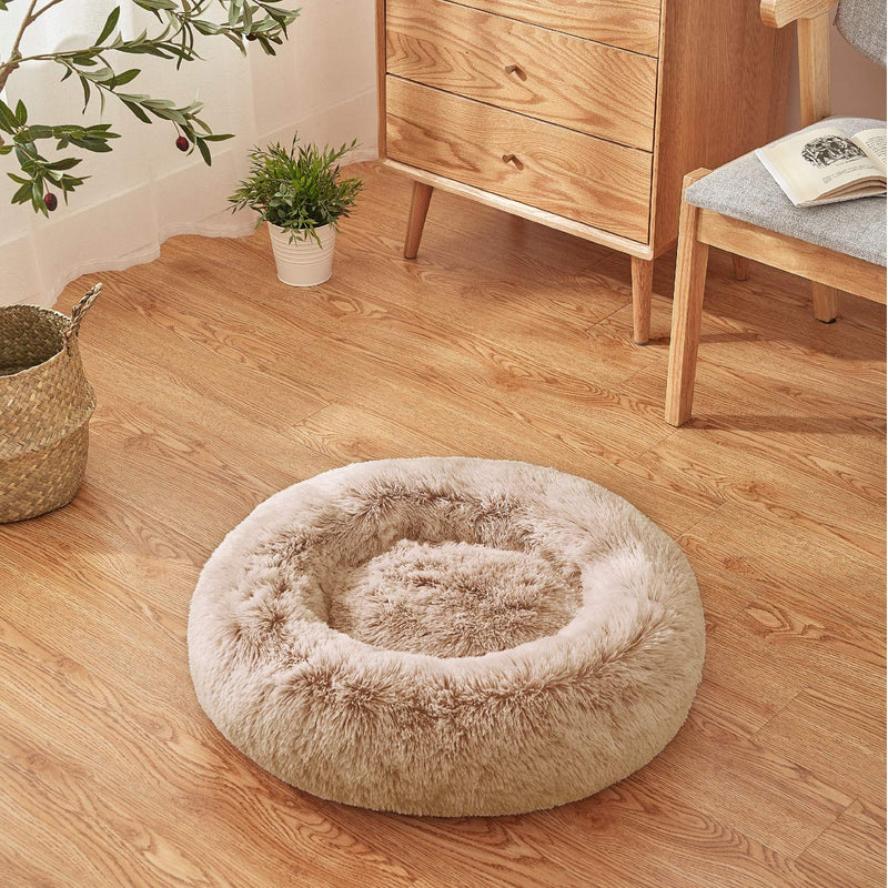 Eterish Fluffy Round Calming Dog Bed Plush Faux Fur, Anxiety Donut Dog Bed for Small Dogs and Cats, Pet Cat Bed with Raised Rim, Machine Washable, 23 inches Brown - PawsPlanet Australia