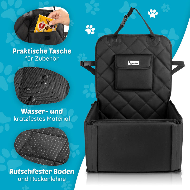 TIERBOX Premium Set Dog Car Seat with Seat Belt, Dog Poop Bag Dispenser and Leash Clip + 20 Garbage Bags, Transport Box for Small to Medium Dogs as Car Accessories (Black) - PawsPlanet Australia