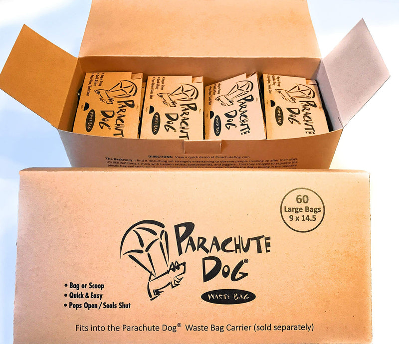 [Australia] - Parachute Dog Waste Bags | Easy Open Seals Shut | Bag OR Touchless Scoop Option | Compact Pocket-Size 4.5" x 2.5" | Opens to Large 14.5” x 9” Opaque Blk | Poop Bag | Cardboard Handle | Custom Carrier BOX OF 60 WASTE BAGS (Carrier not included) 