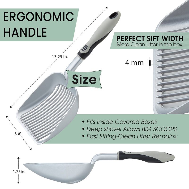 iPrimio Sifter with Deep Shovel - Designed by Cat Owners - Non Stick Plated, Solid Aluminum. Perfect Scooper with Holder. Solid Handle Patented. Silver Scooper Only - PawsPlanet Australia