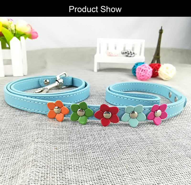 Newtensina Stylish Dog Collar and Lead Set Dog Collar Girl Flower Puppy Collars Leashes for Small Dogs with Flower - Blue - XS - PawsPlanet Australia