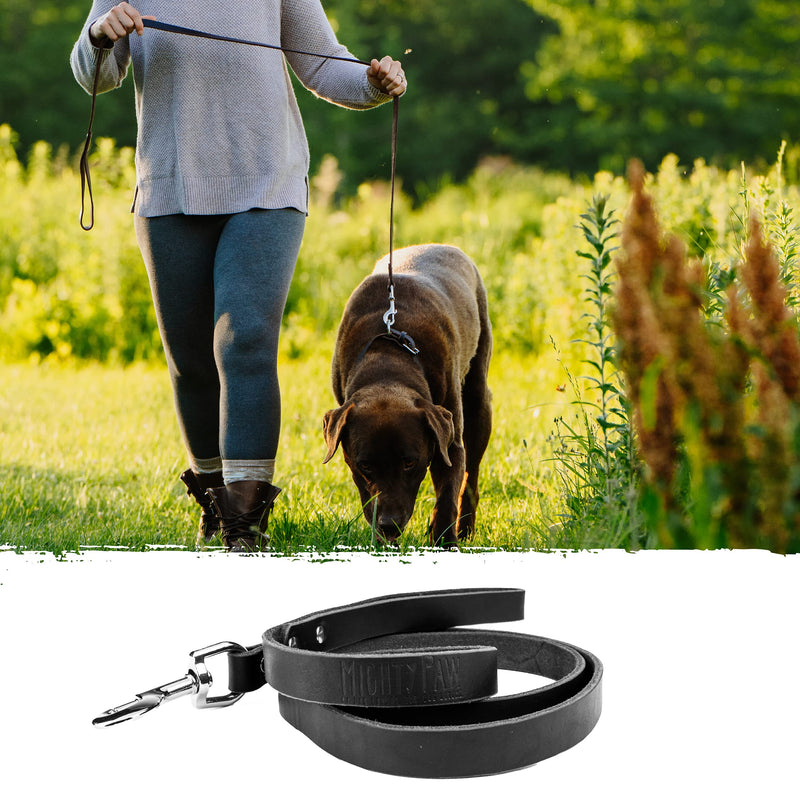 Mighty Paw Leather Dog Leash | 5 ft Leash Super Soft Distressed Real Genuine Leather- Premium Quality, Modern Stylish Lead. Perfect for Small, Medium and Large Pets Lite 1 - 30 lbs Black - PawsPlanet Australia
