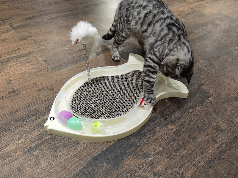 LUKYY Multi-Function Cat Scratcher with Track Toy,Cat Scratching Board with Rolling Ball and Spring Mouse,Interactive Cat Toy,Cat Scratching Pad,Cat Cardboard Scratcher with Catnip,Fish Oval Cat Toy FISH - PawsPlanet Australia