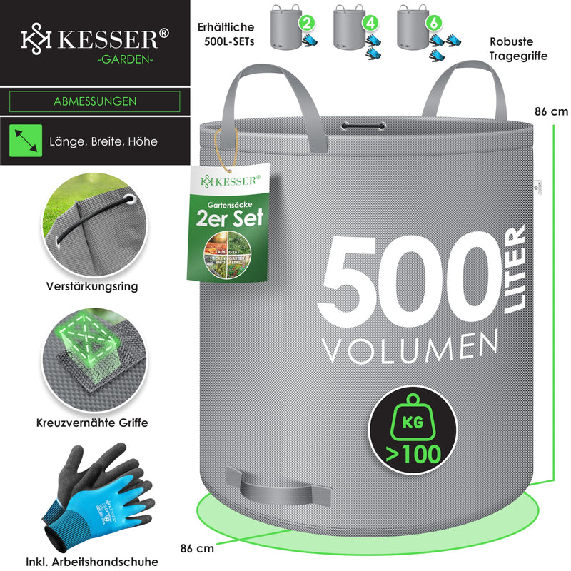 KESSER® Garden Bag 2x 500L Set of Leaf Bags Garden Waste Bags Including Gloves - Self-Standing 4 Handles Stable Robust & Foldable - Leaf Bags Lawn Cuttings Garden Bags for Garden Waste Green Cuttings Gray 2x 500 Liters - PawsPlanet Australia