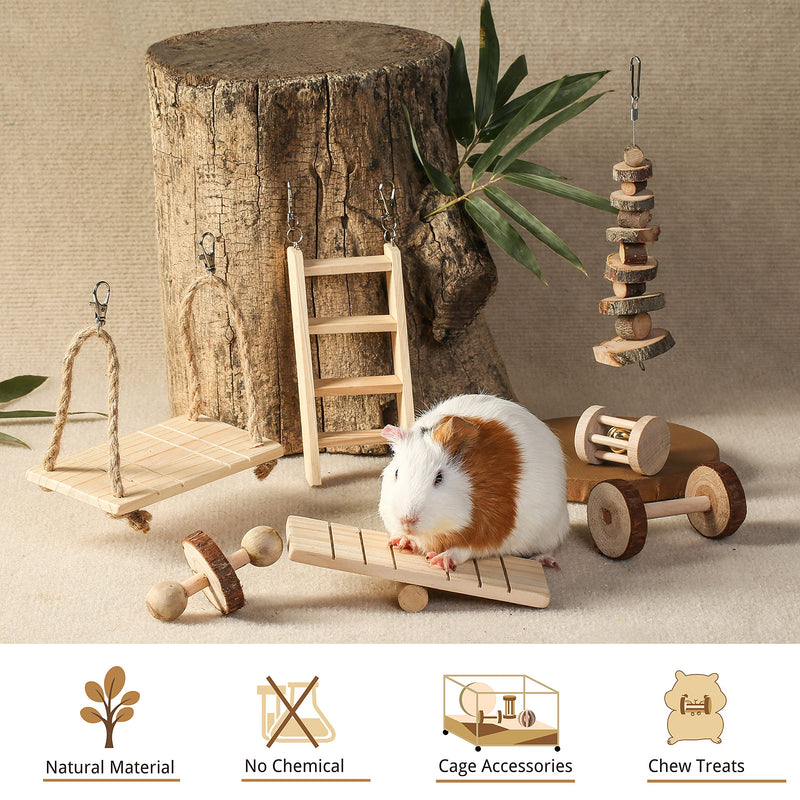 JanYoo Hamster Accessories and Toys for Cages Real Syrian Hamsters Chew Set Natural Wooden Climbing Swing Ladder Hanging Pack Pack of 7-B - PawsPlanet Australia