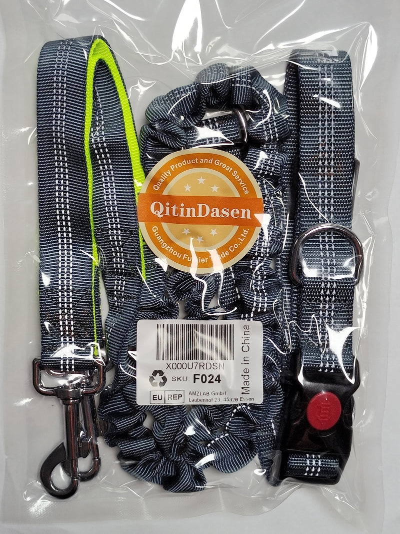 QitinDasen Gray Hands-Free Dog Lead, Adjustable Waist Belt and Dual Handles Stretchy Bungee Lead, Jogging Dog Lead with Reflective Stitching (Green Handle) - PawsPlanet Australia