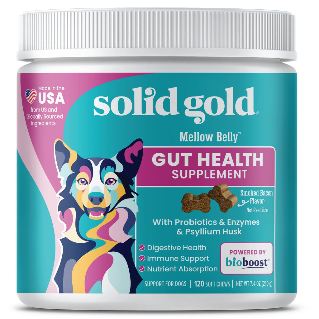 Solid Gold Dog Probiotics and Digestive Enzymes - Smoked Bacon Flavored Soft Chews for Dog Digestive Support - Mellow Belly Probiotic for Dogs with Fiber for Bowel Support & Immune Health - 120 Count - PawsPlanet Australia