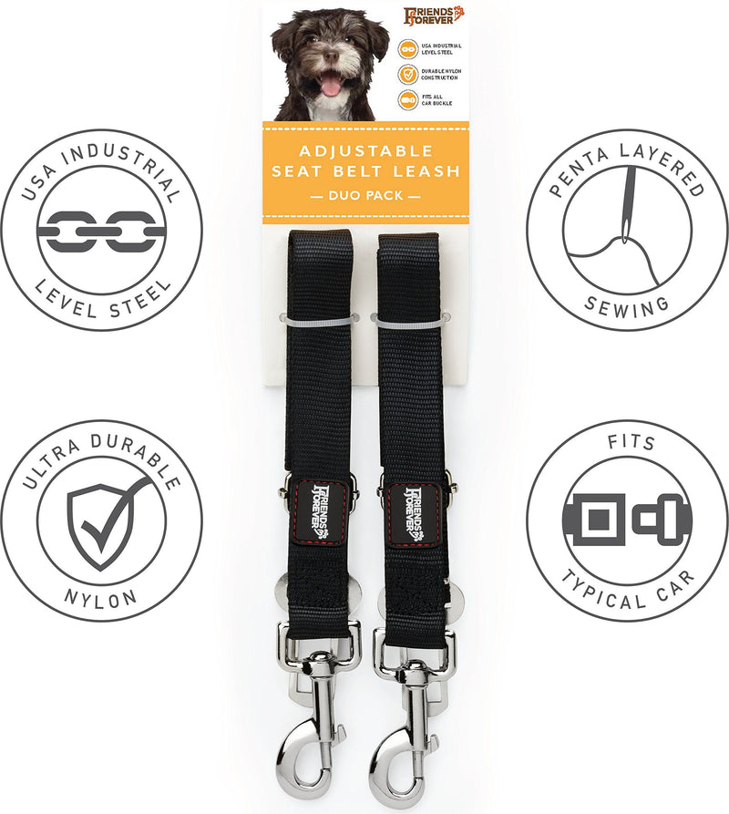 [Australia] - Friends Forever Durable Dog Seatbelt for Carseat, Dog Seat Belt for Vehicle, Tether Attachment to Pet Harness, 20-32 Inches Adjustable Length, Crash Tested Nylon Black, 2-Pack Set Non-Elastic 