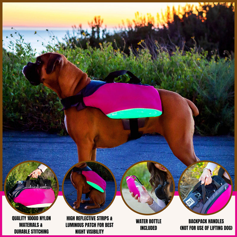 [Australia] - Bum's Pack Dog Backpacks, Luminous & Reflective Hiking Pack for Dogs, Water Bottle Included Camping & Travel Saddlebag for Dogs, Dog Float Coat, Dog Life Jacket, Dog Backpacks for Medium & Large Dogs Pink 