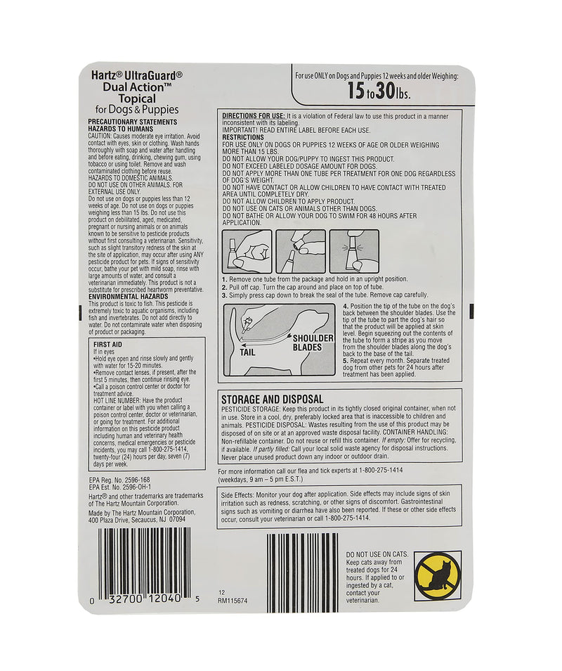 Hartz UltraGuard Dual Action Flea & Tick Topical Dog Treatment and Flea and Tick Prevention, 6 Monthly Treatments, 15-30 Pound Dogs - PawsPlanet Australia