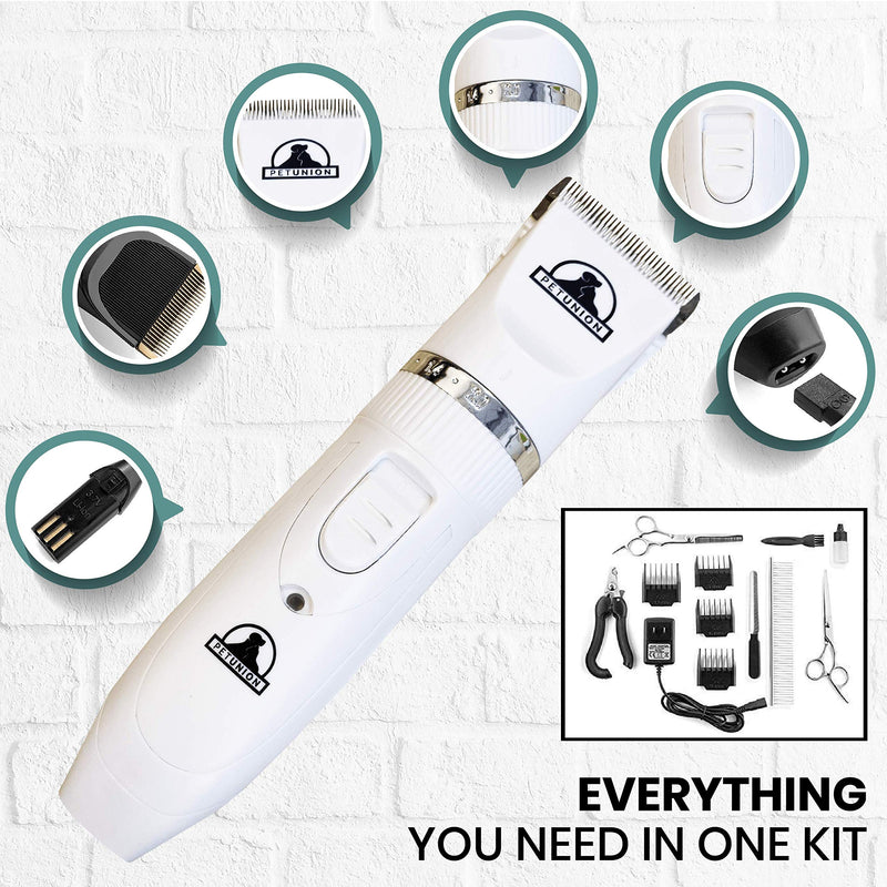 Pet Union Professional Dog Grooming Kit - Rechargeable, Cordless Pet Grooming Clippers & Complete Set of Dog Grooming Tools. Low Noise & Suitable for Dogs, Cats and Other Pets (White) White - PawsPlanet Australia